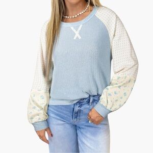 5227. Blue and Cream Long Sleeve Top